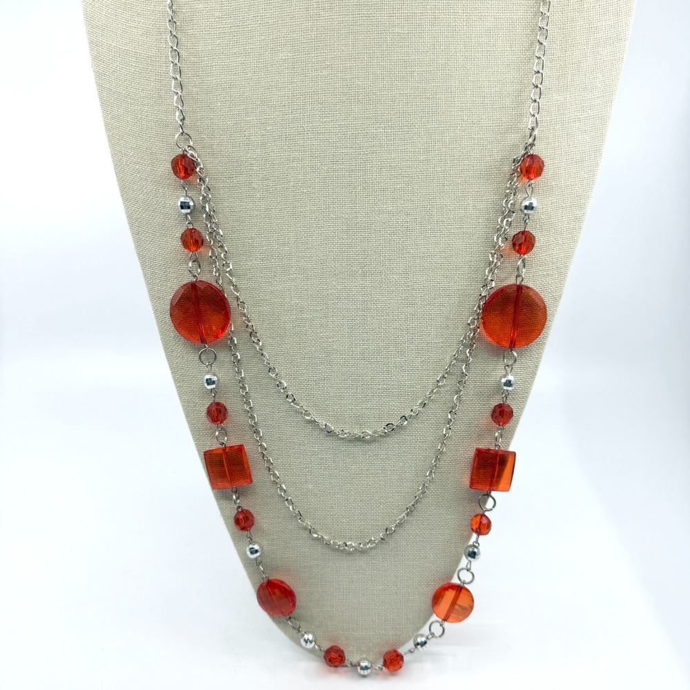 Vibrant Red Layered Necklace Silver Tone Geometric Beads Boho Festival